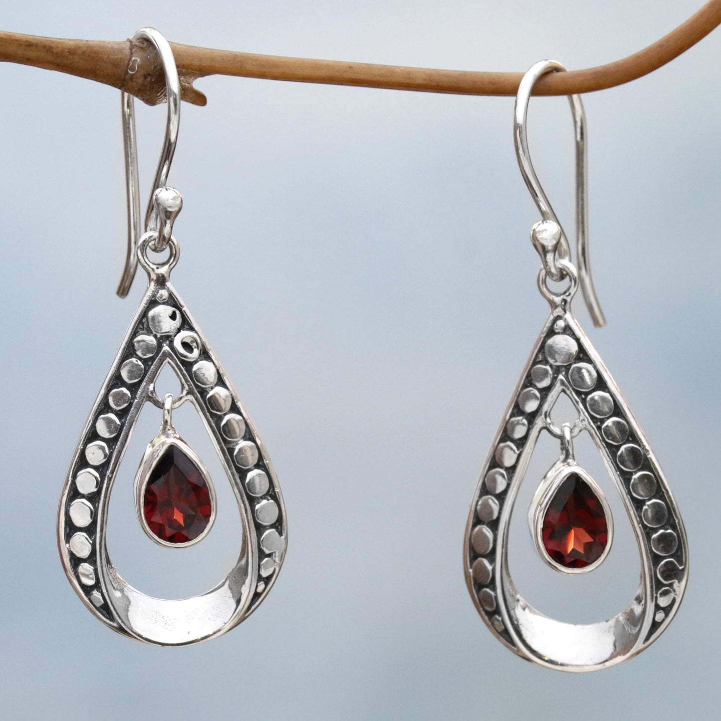 Charming Tears in Red Sterling Silver and Garnet Dangle Earrings from Indonesia