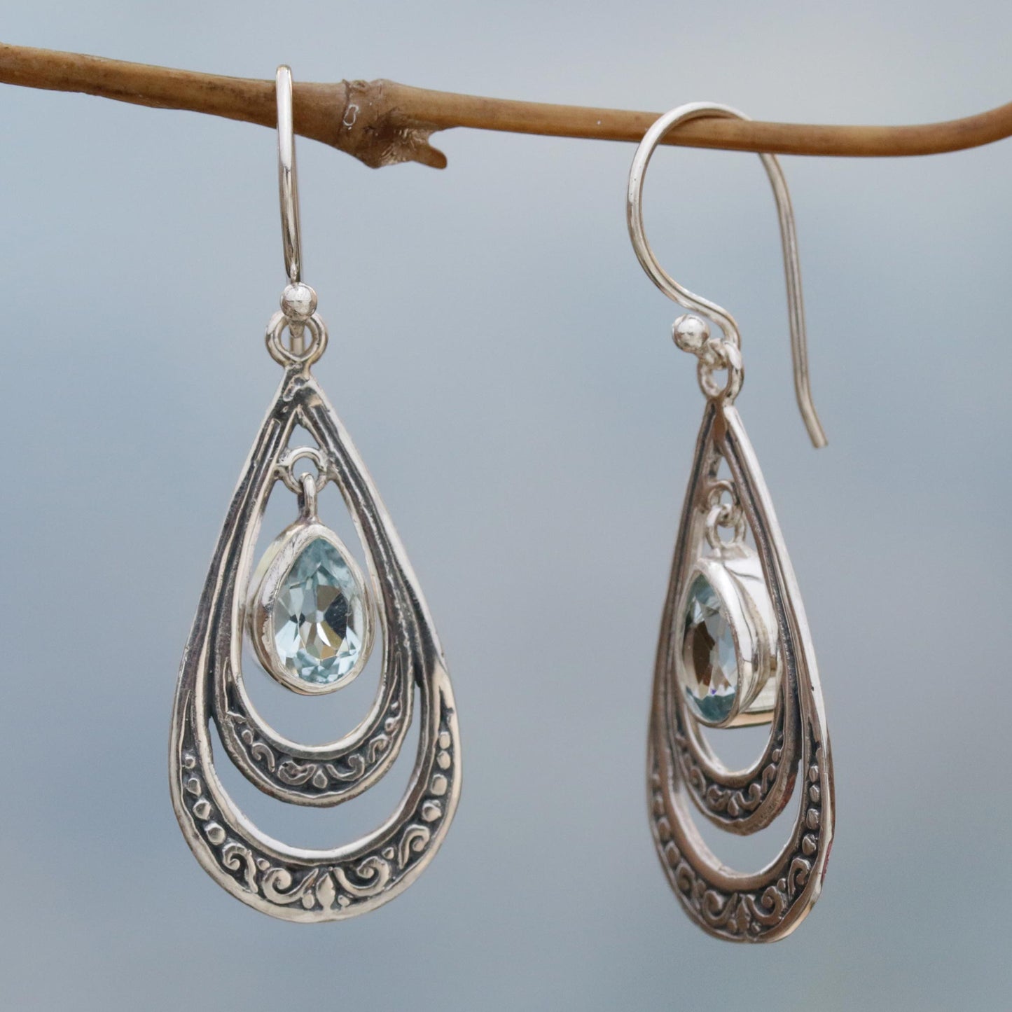 Gleaming Teardrops in Blue Blue Topaz Teardrop Dangle Earrings from Indonesia