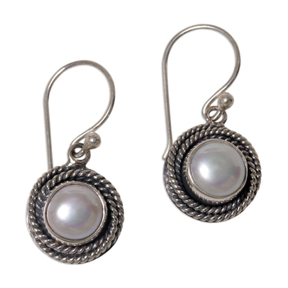 Nest of Chains in White Cultured Pearl Round Dangle Earrings from Indonesia