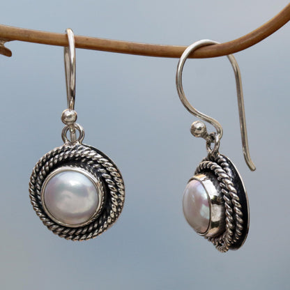 Nest of Chains in White Cultured Pearl Round Dangle Earrings from Indonesia