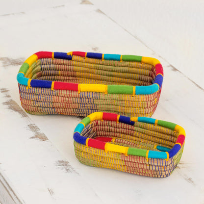 Multicolored Managua Two Rainbow Trim Nicaraguan Handwoven Pine Needle Baskets