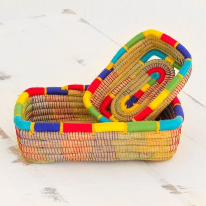 Multicolored Managua Two Rainbow Trim Nicaraguan Handwoven Pine Needle Baskets