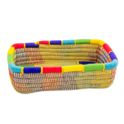 Multicolored Managua Two Rainbow Trim Nicaraguan Handwoven Pine Needle Baskets