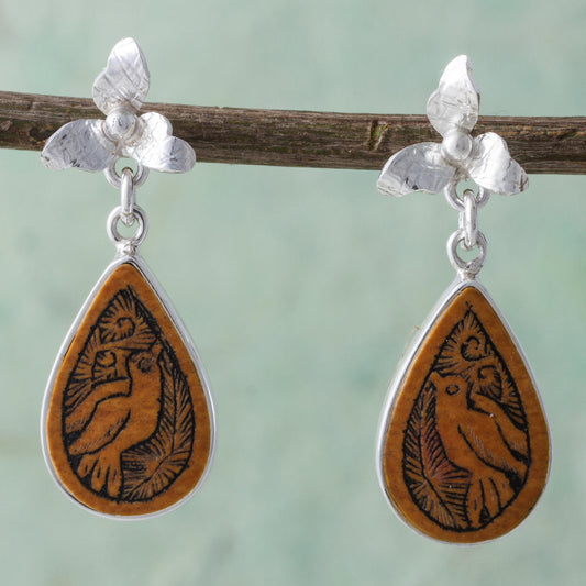 Floral Birds Bird Themed Mate Gourd 925 Silver Dangle Earrings from Peru