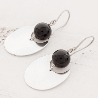 Dark Eclipse Onyx and Sterling Silver Dangle Earrings from Nicaragua