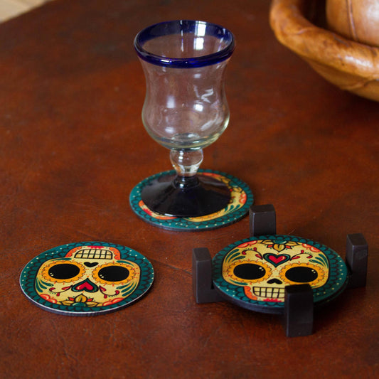 Loving Skull 4 Day of the Dead Smiling Skulls Decoupage Wood Coaster Set