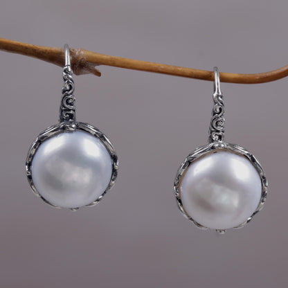 Lunar Bloom Cultured Pearl and Sterling Silver Drop Earrings from Bali