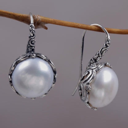 Lunar Bloom Cultured Pearl and Sterling Silver Drop Earrings from Bali