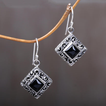 Square Stupa Onyx & Silver Dangle Earrings