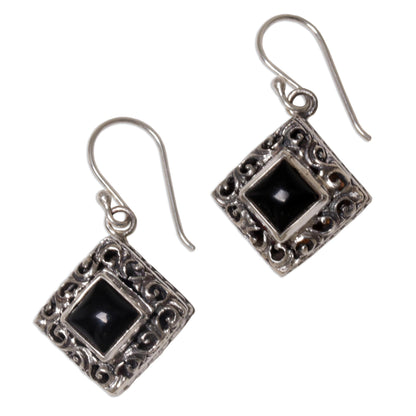 Square Stupa Onyx & Silver Dangle Earrings