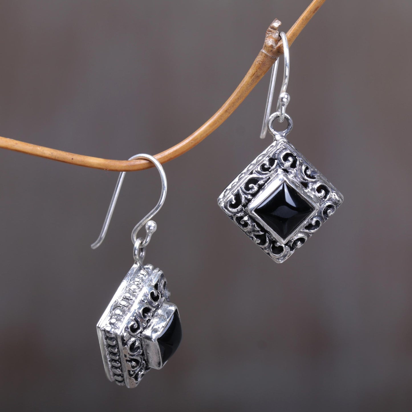 Square Stupa Onyx & Silver Dangle Earrings