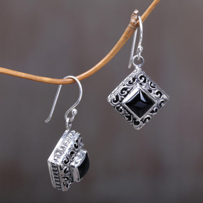 Square Stupa Onyx & Silver Dangle Earrings