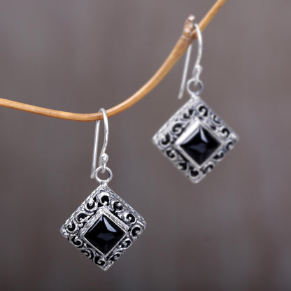 Square Stupa Onyx & Silver Dangle Earrings