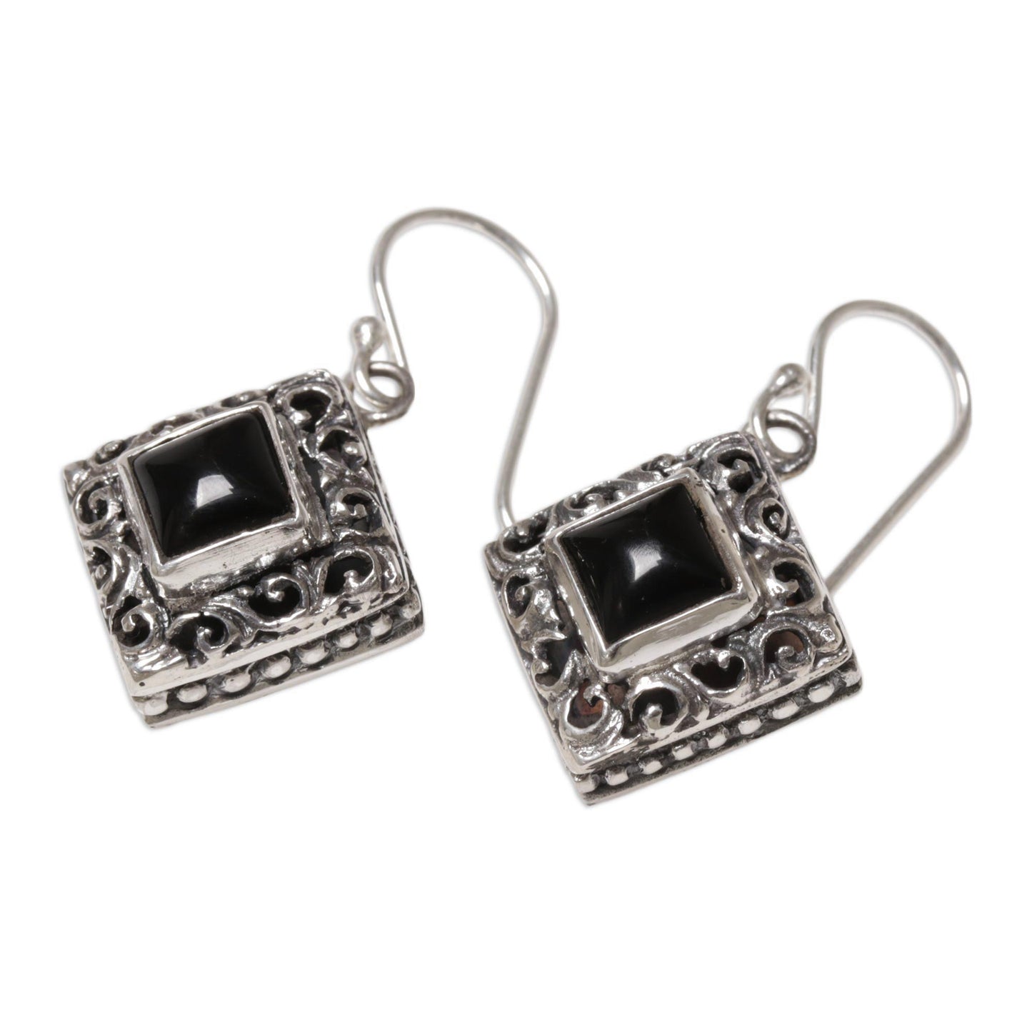 Square Stupa Onyx & Silver Dangle Earrings