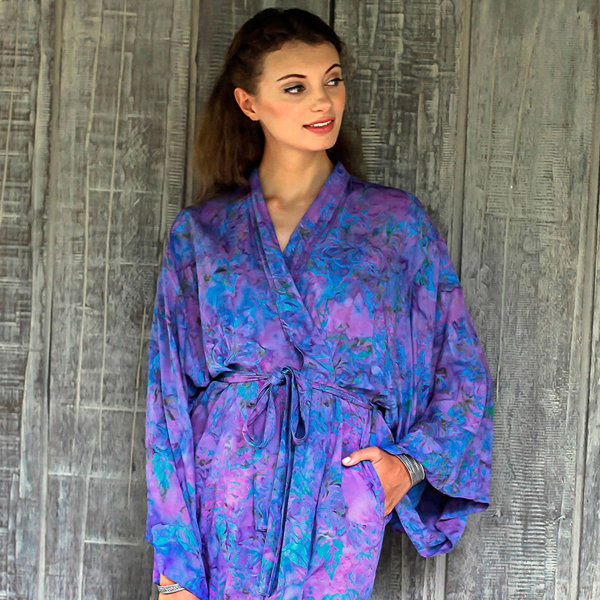 Layered Mist Robe NOVICA Purple Mist Batik Robe | GreaterGood