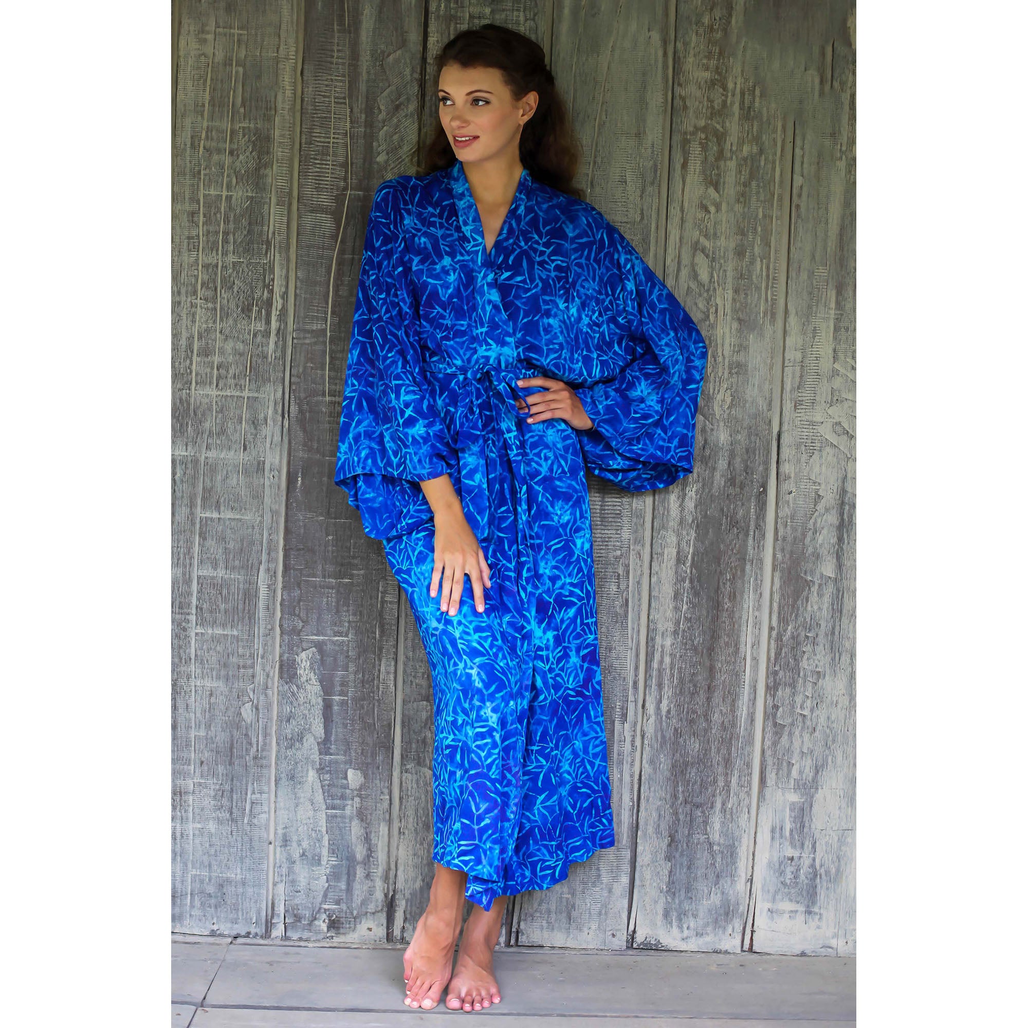NOVICA Bamboo Blue Rayon Batik Robe | GreaterGood