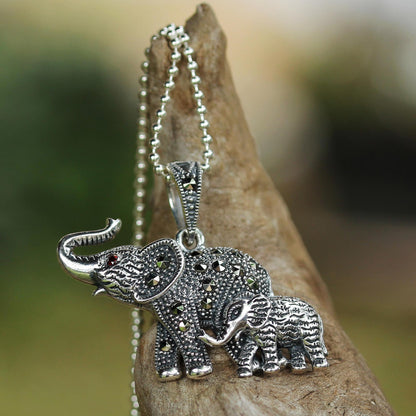Glistening Elephants Marcasite & Silver Pendant Necklace