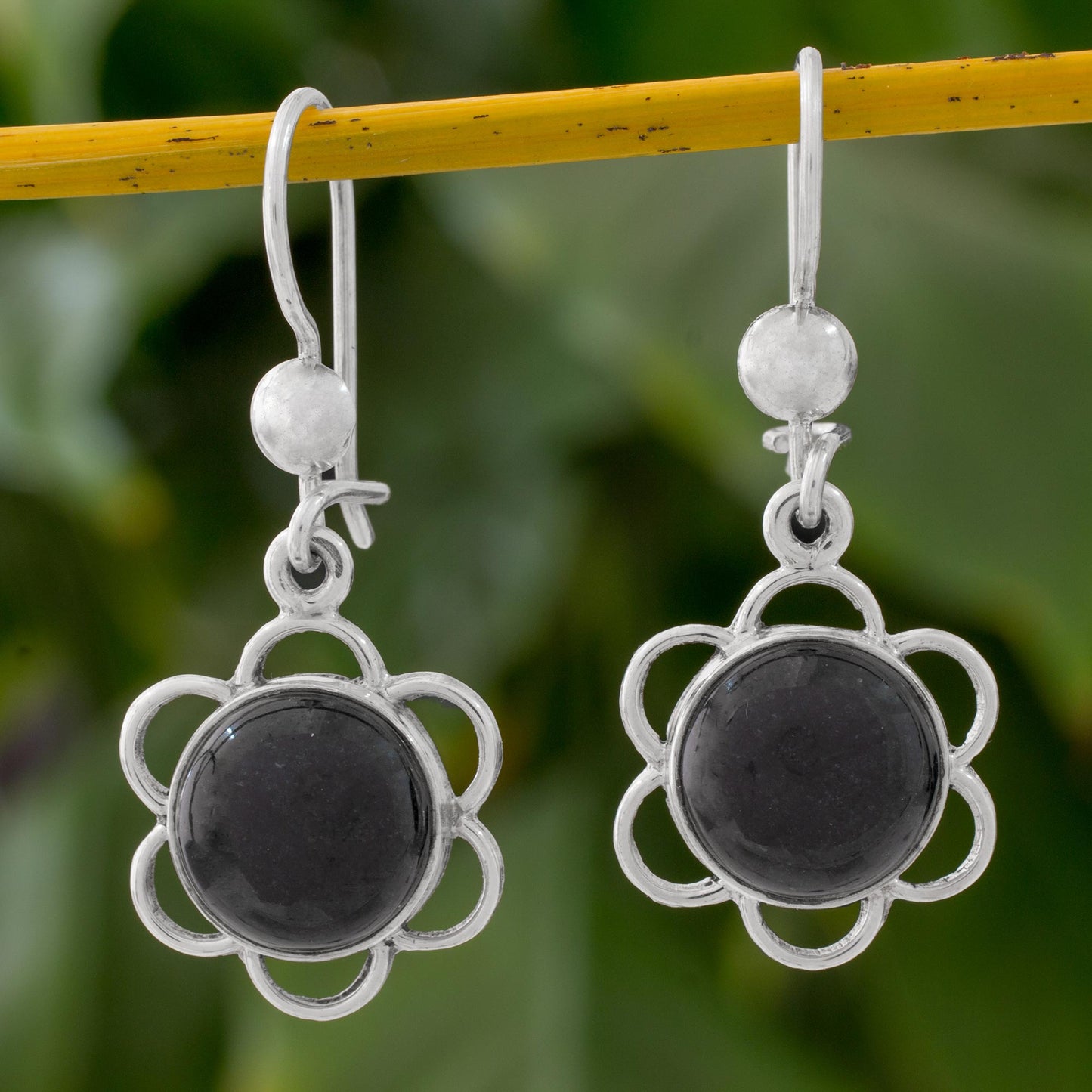 Country Flower Black Jade Flower Shaped Dangle Earrings from Guatemala