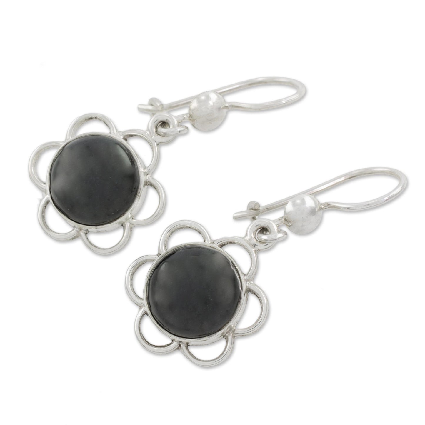 Country Flower Black Jade Flower Shaped Dangle Earrings from Guatemala