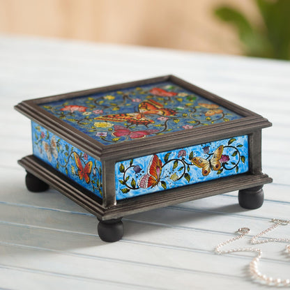 Blue Winter Butterflies Reverse Painted Glass Blue Decorative Box with Butterflies