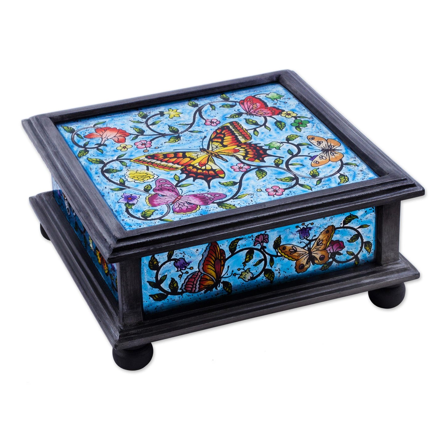 Blue Winter Butterflies Reverse Painted Glass Blue Decorative Box with Butterflies