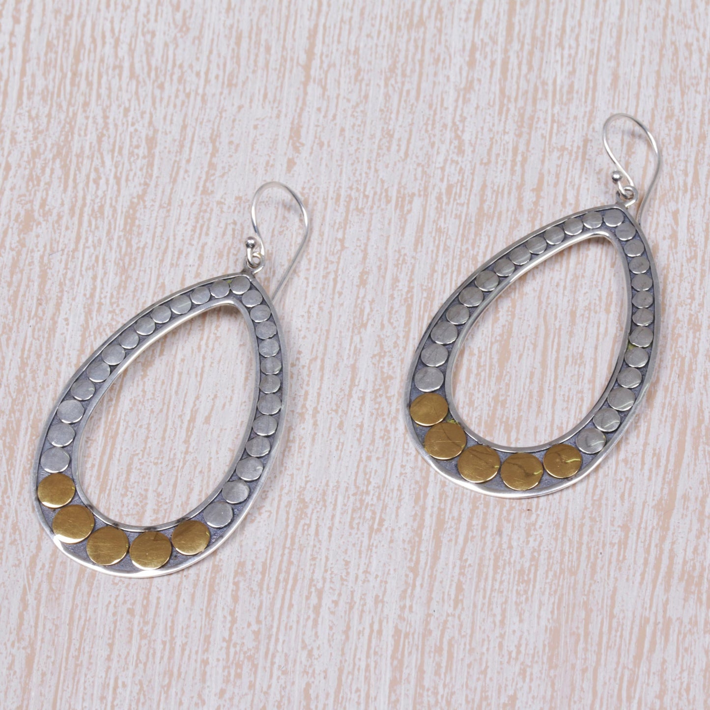 Fortunate Circles Gold and Sterling Silver Oval Dangle Earrings from Indonesia