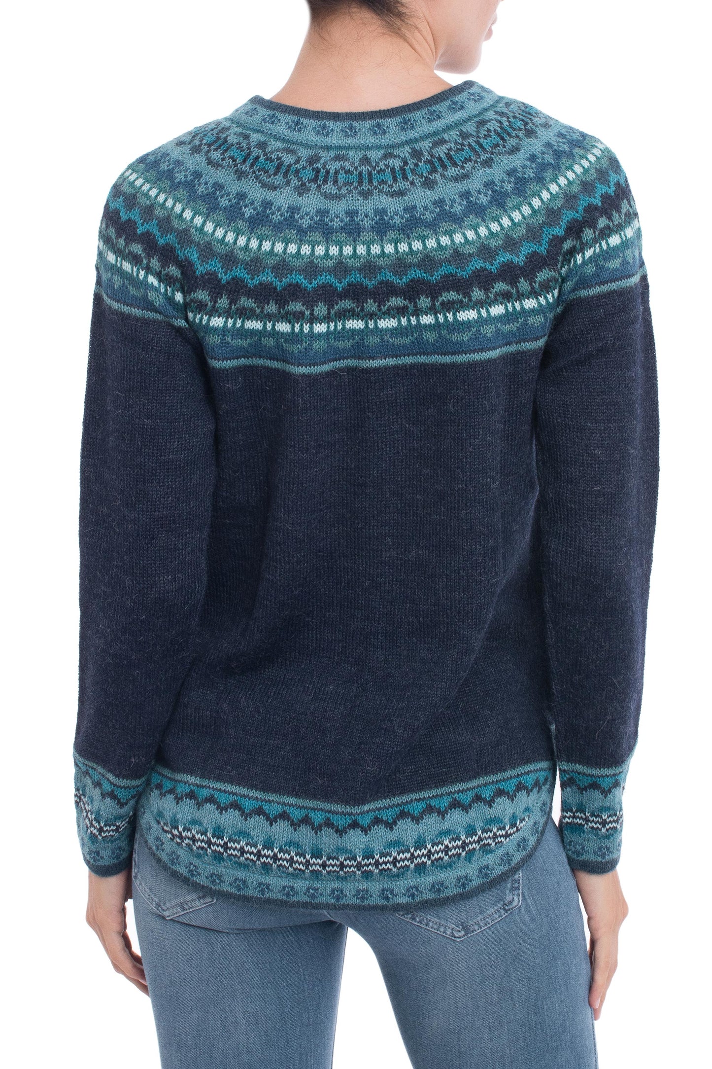 Playful Navy Blue Navy Blue 100% Alpaca Pullover Patterned Peruvian Sweater