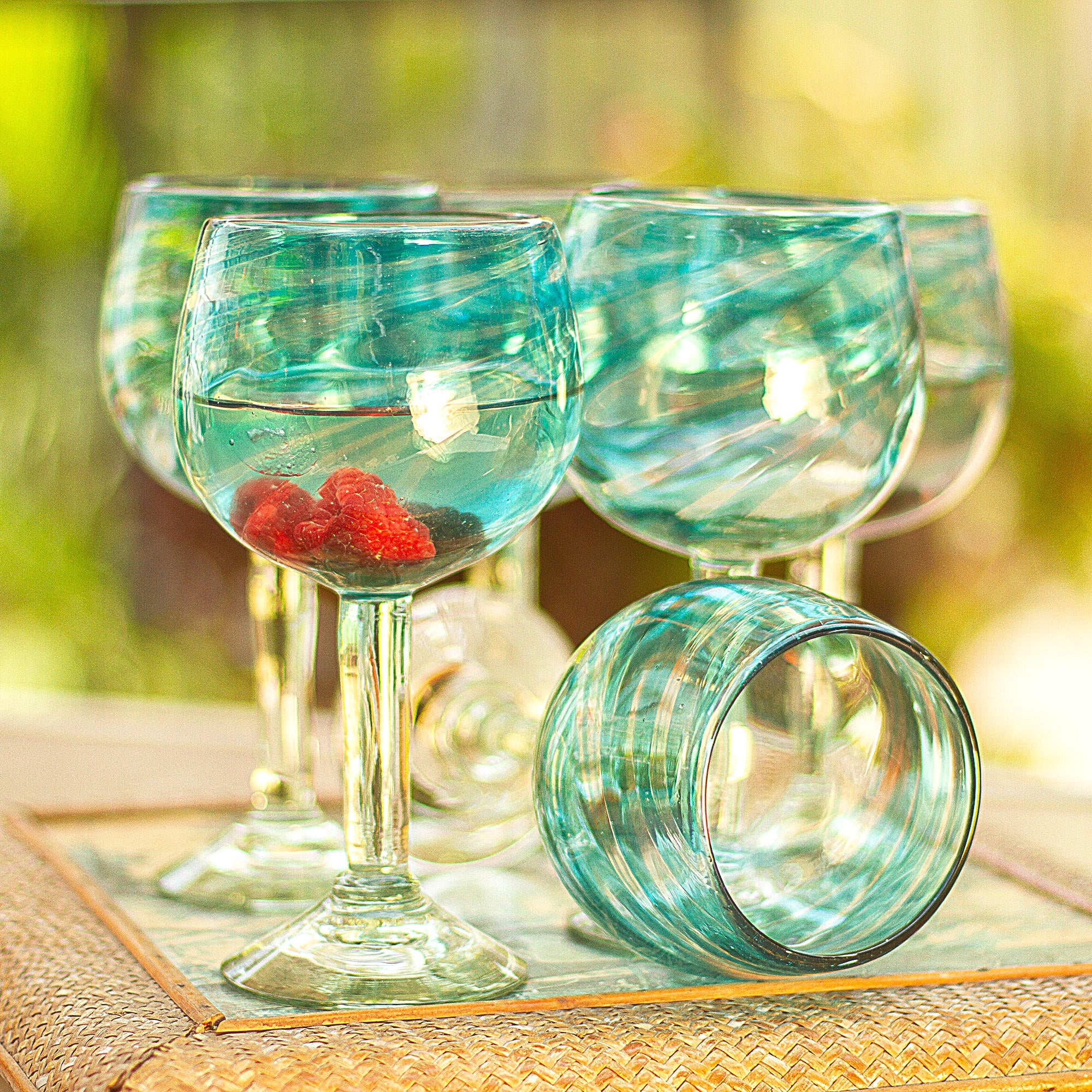 Elegant Aqua Swirl Set of 6 Recycled Hand Blown Aqua Wine Glasses from