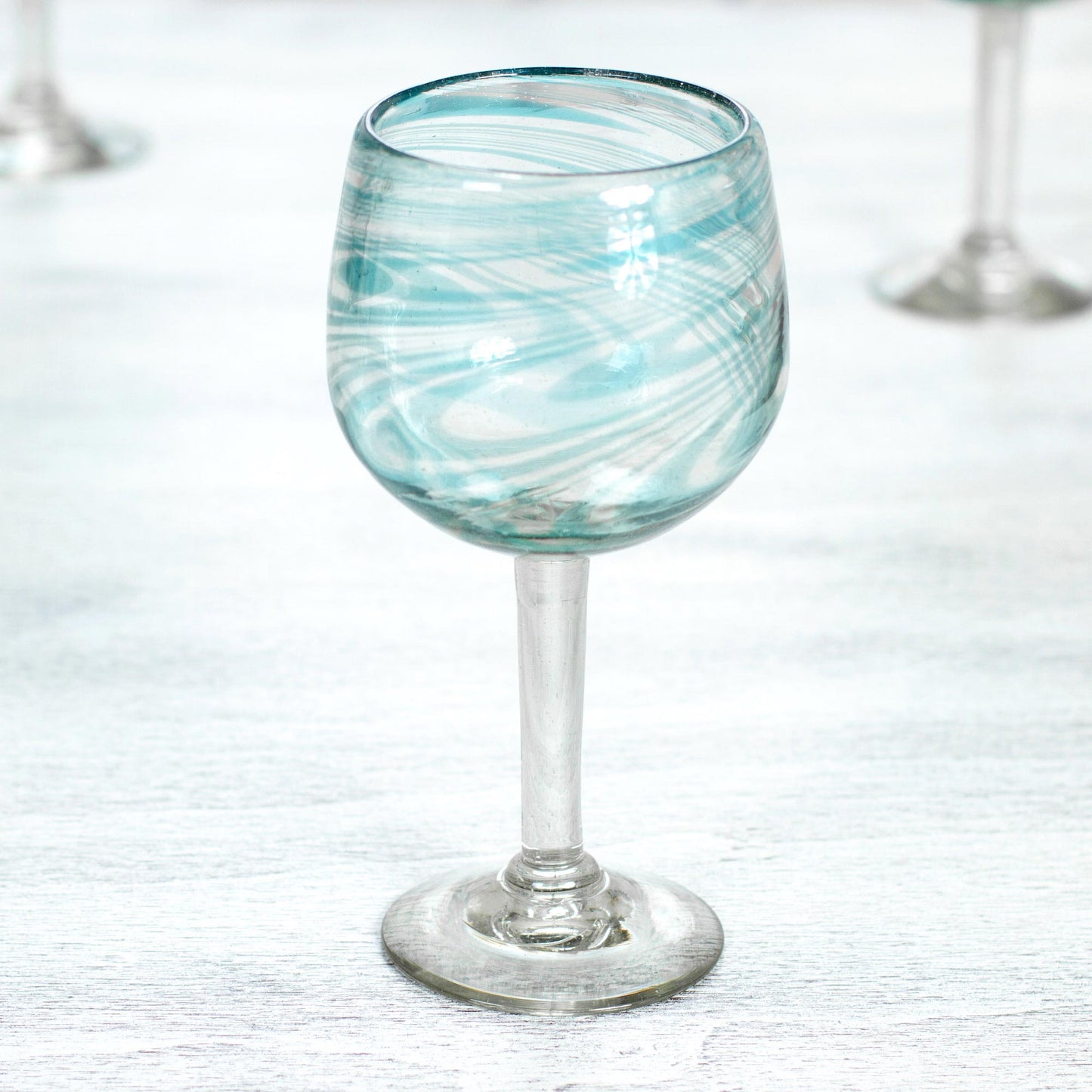 Elegant Aqua Swirl Set of 6 Recycled Hand Blown Aqua Wine Glasses from Mexico