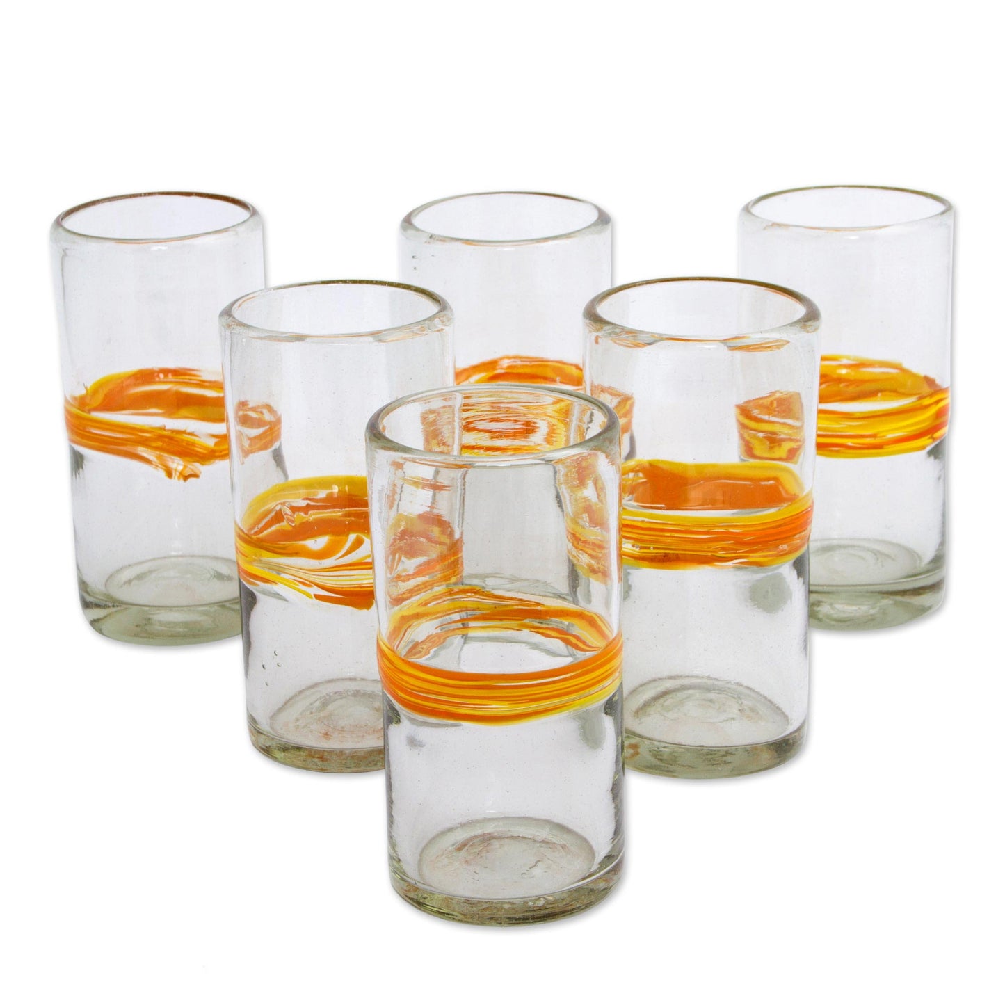 Ribbon of Sunshine Set of 6 Blown Recycled Glass Tumblers with Orange Stripe