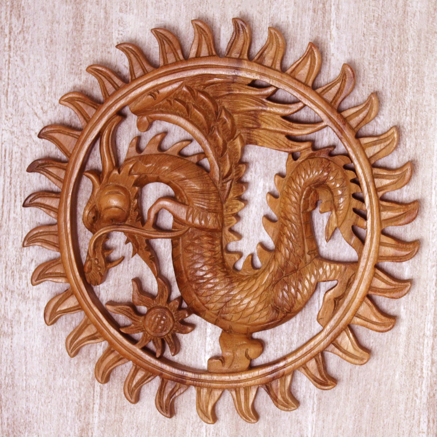 Aura of the Dragon Hand Made Circular Wood Relief Panel of a Balinese Dragon