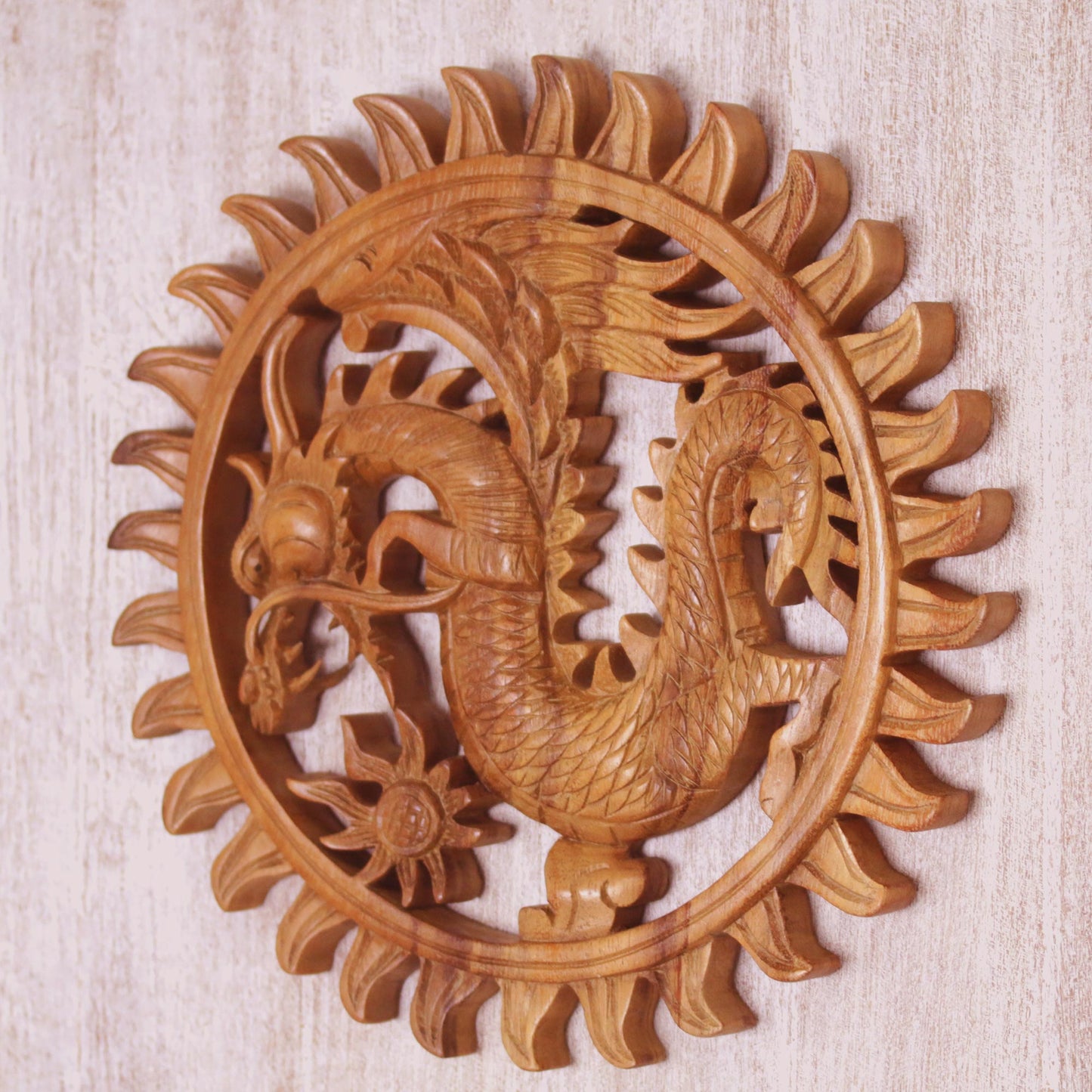 Aura of the Dragon Hand Made Circular Wood Relief Panel of a Balinese Dragon