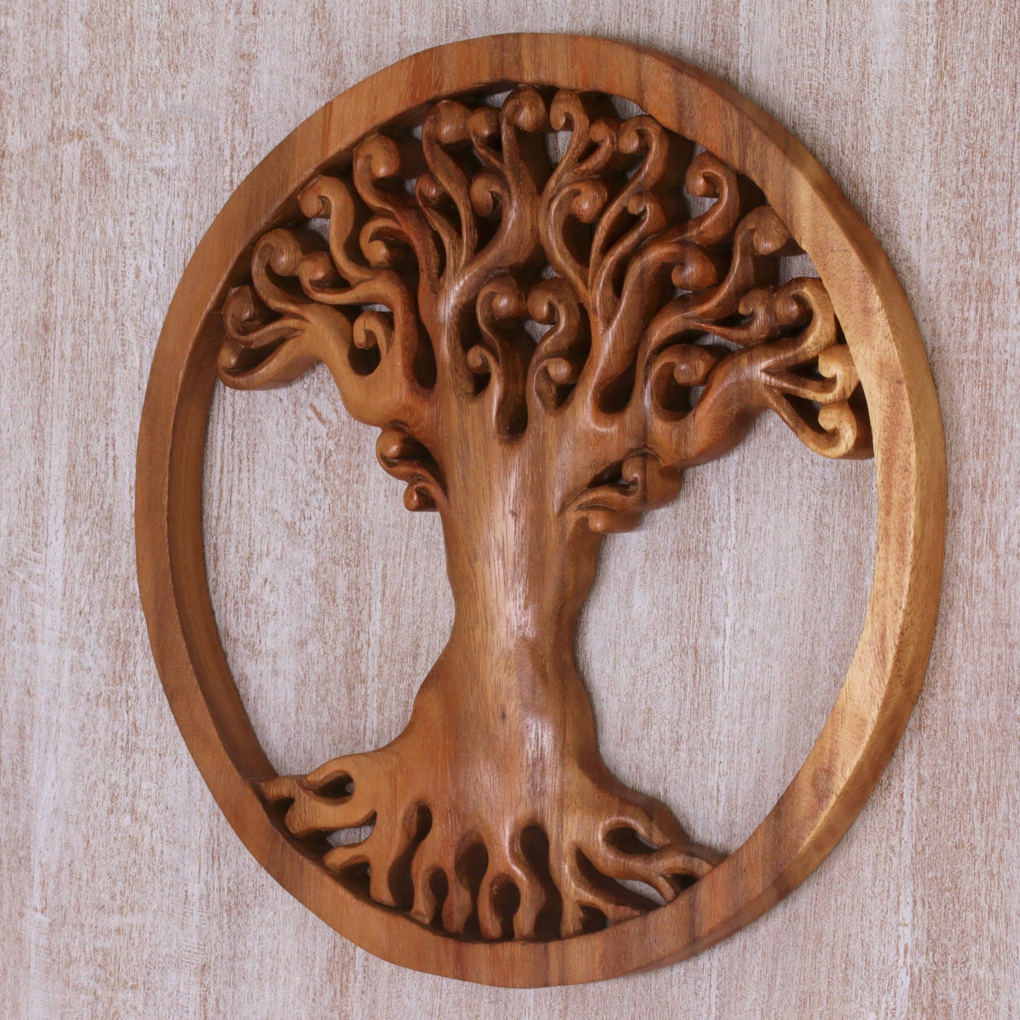 Tangled Tree Hand Carved Wood Relief Panel of a Surreal Balinese Tree