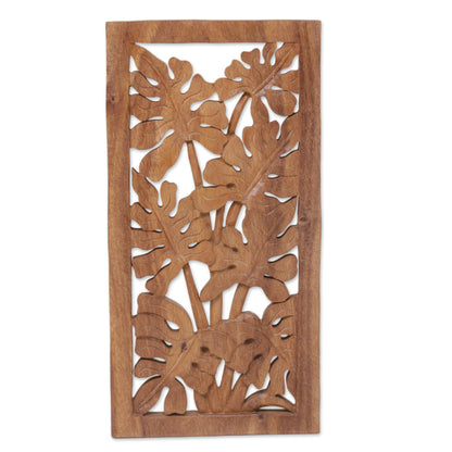 Philodendron Leaves Hand Carved Leafy Wood Wall Relief Panel from Indonesia