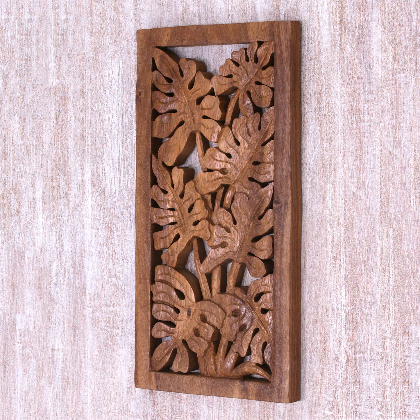 Philodendron Leaves Hand Carved Leafy Wood Wall Relief Panel from Indonesia