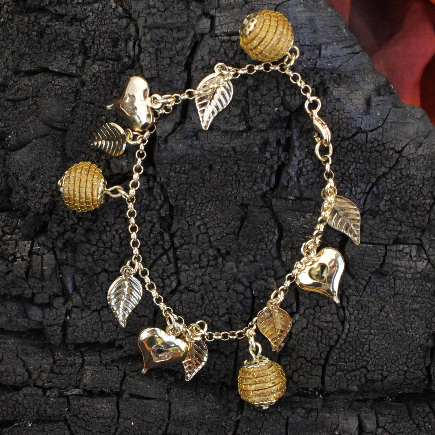 Natural Friend Heart Leaf Beehive Charms on Gold Plated Brazilian Bracelet