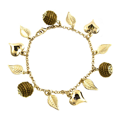 Natural Friend Heart Leaf Beehive Charms on Gold Plated Brazilian Bracelet