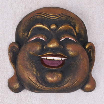 Knowing Buddha Gold Tone Wood Wall Mask of a Balinese Laughing Buddha