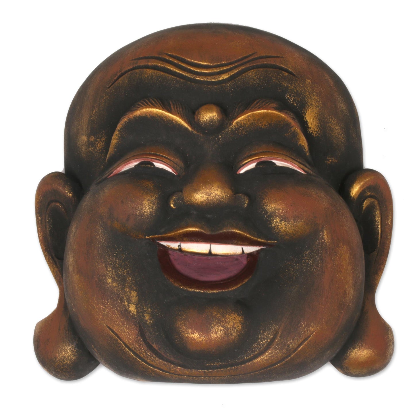 Knowing Buddha Gold Tone Wood Wall Mask of a Balinese Laughing Buddha