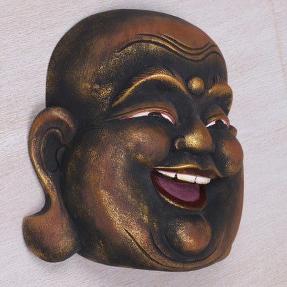 Knowing Buddha Gold Tone Wood Wall Mask of a Balinese Laughing Buddha