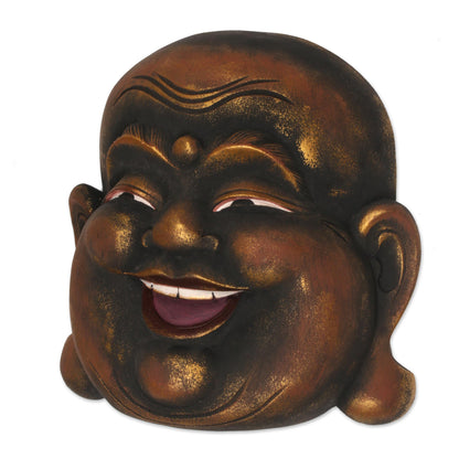 Knowing Buddha Gold Tone Wood Wall Mask of a Balinese Laughing Buddha