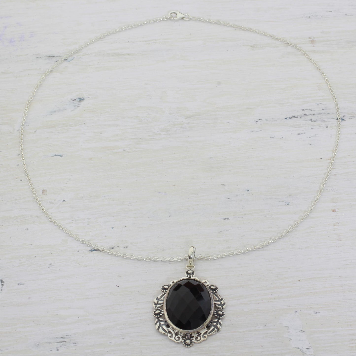 Floral Midnight Allure Sterling Silver and Faceted Onyx Floral Necklace from India