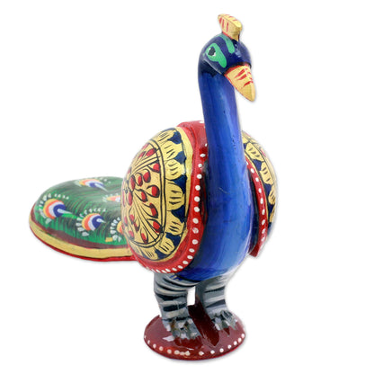 Posturing Peacock Golden Red & Blue Wooden Peacock Sculpture