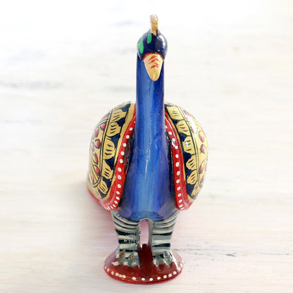 Posturing Peacock Golden Red & Blue Wooden Peacock Sculpture