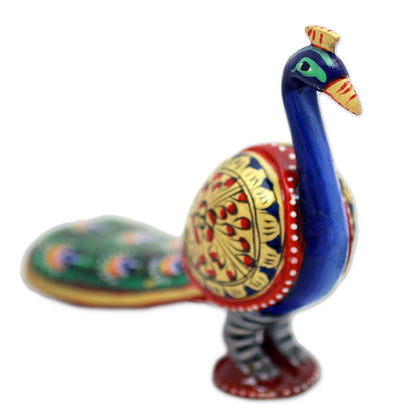 Posturing Peacock Golden Red & Blue Wooden Peacock Sculpture