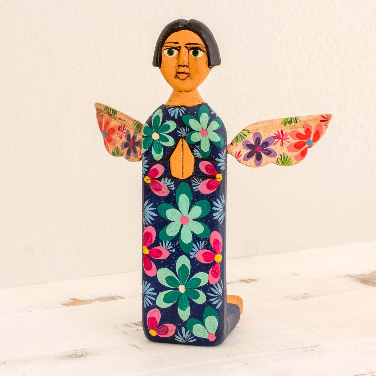 Sky Angel Hand Carved and Painted Wood Angel Sculpture from Guatemala