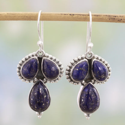 Droplet Trios Lapis Lazuli and Sterling Silver Dangle Earrings from India