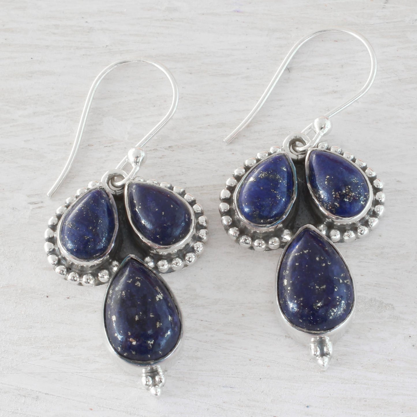 Droplet Trios Lapis Lazuli and Sterling Silver Dangle Earrings from India