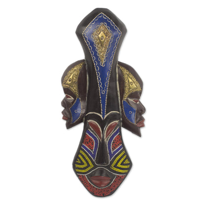 Glorious Work Beaded Wood Three Faced African Wall Mask Crafted by Hand