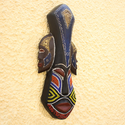 Glorious Work Beaded Wood Three Faced African Wall Mask Crafted by Hand